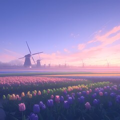 Pastel-hued sunrise over tranquil Dutch countryside, featuring vibrant fields and rustic architecture. Ideal for serene landscape and travel content. - obrazy, fototapety, plakaty