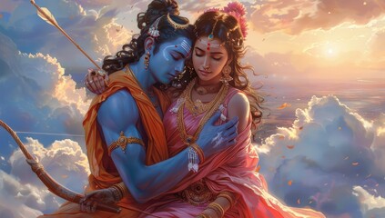  Lord Ram with his wife Sita, hugging each other in the sky on clouds. - obrazy, fototapety, plakaty
