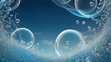 Sparkling bubble ball in transparent sphere illustration, reflecting clear blue skies with shiny liquid design, captivating vector art of clean bubbles and droplets, mesmerizing round glass orb in vib