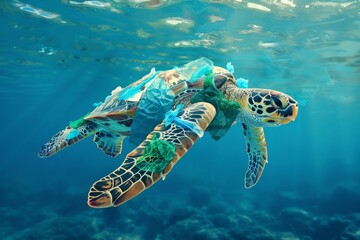 Fototapeta premium Sea turtle covered by plastic bags and waste swiming in the ocean. Plastic pollution in ocean - environmental problem.