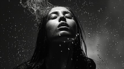 A captivating image of a girl model in monochrome fashion, surrounded by suspended droplets of water against a dark gray background.