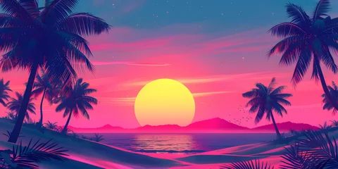Photo sur Plexiglas Rose  Retro-futuristic sunset, a synthwave landscape with palm silhouettes and gradient sky
