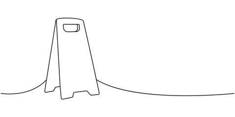 Accident prevention sign, wet floor, cleaning sign one line continuous drawing. Cleaning service tools continuous one line illustration.