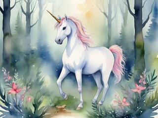 Naklejka premium Magical forest with unicorns. Cute watercolor illustration