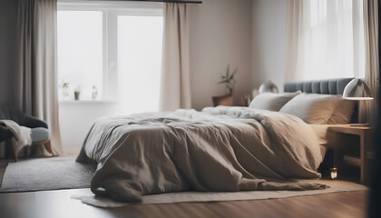 A cozy white bed in the bedroom, Modern house interior details. Simple cozy beige bedroom interior with bed, linen bedding, bedside window and natural decorations Generative AI