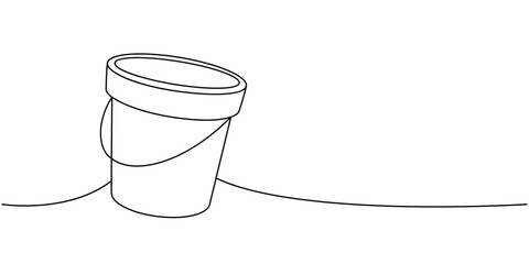 Water bucket, plastic basin, cleaning bowl one line continuous drawing. Cleaning service tools continuous one line illustration. Vector illustration.
