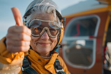 senior woman getting into an airplane to parachute for extreme sports. Concept: fun