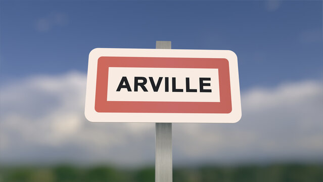 City sign of Arville. Entrance of the town of Arville in, Seine-et-Marne, France