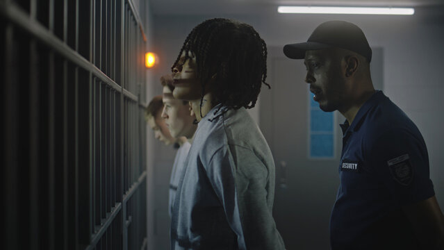 Group of teen prisoners stand in front of jail cells, warden talks with them. Multi ethnic teenagers serve imprisonment term for crime in detention center. Young criminals in prison. Justice system.
