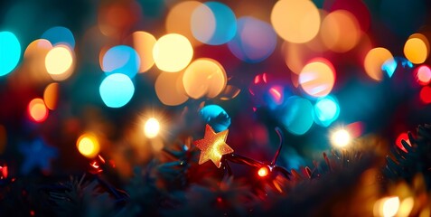 Star shaped bokeh, blurred lights, christmas decoration, multicolor blurry shapes, rainbow stars, christmas light, garland, depth of field, haze, blurry, Generative AI 