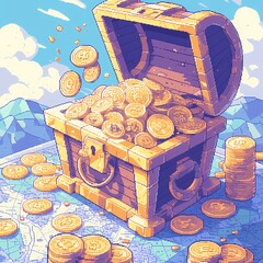 Unearth the Hidden Gems - A Colorful Pixel Art Chest Illustration for Marketing & Design