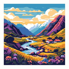 Picturesque Landscape Ai Generated Flat Style Vector Illustration