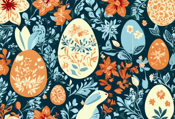 Fototapeta na wymiar Print Flower Card Graphic Decoration Floral Easter Template Folk Egg Poster Design Background Vector Ornament Happy Spring Linocut Decor Greeting Handdrawn Style