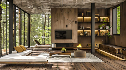 Obraz na płótnie Canvas Contemporary Living Room with Elegant Sofa and Bright Windows, Modern Home Interior with Stylish Design