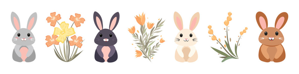 Set of flat children's illustrations of rabbits with plant elements, flowers. Vector hares for cards and banners isolated from background. Baby rabbits