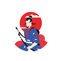 Japanese Man Samurai with Katana Sword Vector Flat Style Illustration