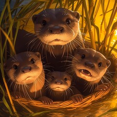 Delightful otter family enjoying playtime together by the river. A captivating scene of wildlife and natural beauty.