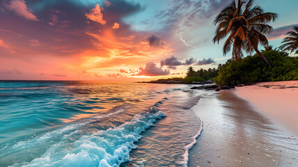 tropical beach view at stormy sunset with white sand, turquoise water and palm trees. Neural...