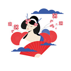 Japanese Woman Geisha with Fan and Sakura Branch Vector Flat Illustration