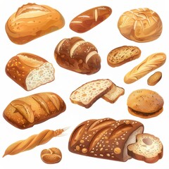 Clip art illustration with various types of  bread on a white background.