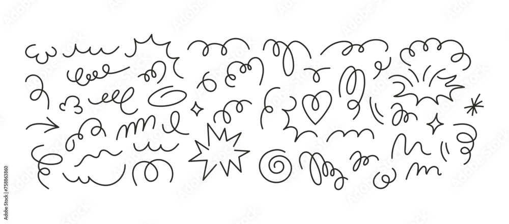 Aufkleber vector set of stickers, scribbles and doodles in simple linear hand drawn style with copy space, min