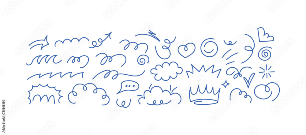 Aufkleber vector set of stickers, scribbles and doodles in simple linear hand drawn style with copy space, min