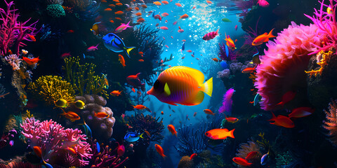 Fototapeta na wymiar Underwater neon rave, colorful fish and corals with dynamic light effects