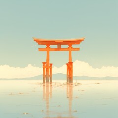 Calm Scene of the Iconic Floating Torii Gate - A Serene Japanese Temple Tradition