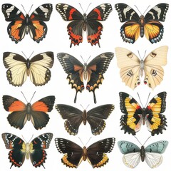 Clipart illustration with various types of butterflies on a white background.