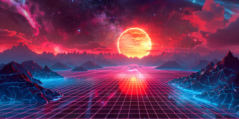 Vibrant neon grid landscape with a digital sunrise, cyberpunk style  - obrazy, fototapety, plakaty