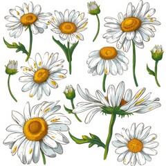 Clip art illustration with various types of  daisy 
on a white background.