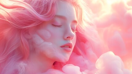 A captivating portrayal of a girl model with flowing hair, against a background of soft, pastel-colored clouds.