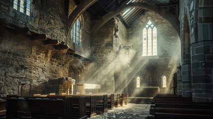 Dutch angle view along the nave of a rustic medieval church, rough stone walls with deep shadows, a shaft of light from a high window illuminating swirling dust motes, - obrazy, fototapety, plakaty