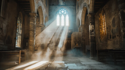 Dutch angle view along the nave of a rustic medieval church, rough stone walls with deep shadows, a shaft of light from a high window illuminating swirling dust motes,