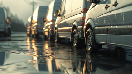 Water droplets glisten on the street as a line of vans reflect the light, capturing a moment of stillness after rain.