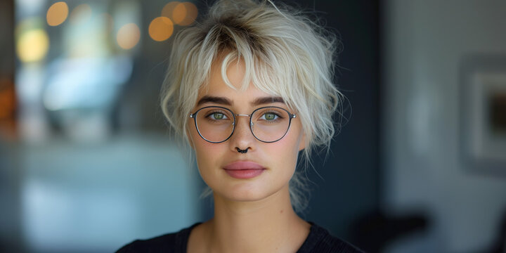 Frau, wei&szlig;es, seitlich geschnittenes Haar, gr&uuml;ne Augen, Brille, Nasenpiercing