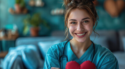 Healthcare Professional, Smiling woman with heart gesture, Compassion in Healthcare - obrazy, fototapety, plakaty