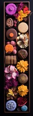 Artisan chocolates arrangement golden hour light. top view.