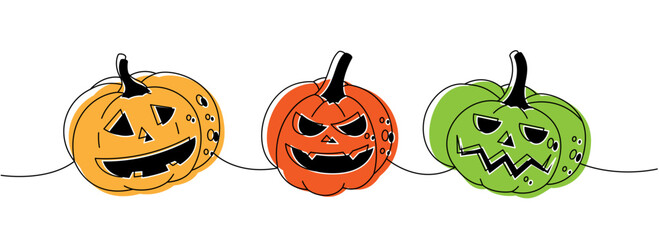 Pumpkins scary faces set. Autumn halloween pumpkins faces one line colored continuous drawing. Halloween vegetables continuous one line illustration.