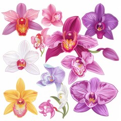 Clip art illustration with various types of orchid 
on a white background. - obrazy, fototapety, plakaty