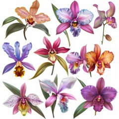 Clip art illustration with various types of orchid 
on a white background. - obrazy, fototapety, plakaty