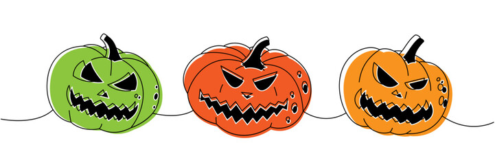 Pumpkins with scary faces. Autumn pumpkins faces one line colored continuous drawing. Autumn halloween vegetables continuous one line illustration.