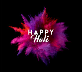 Abstract colourful explosion of colors with Happy Holi typography. The Indian Hindu Festival of colours in the air on black background, logo Greeting Card Concept, Banner Sale Offer Icon Poster vector