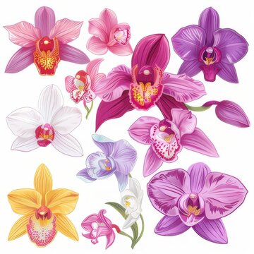 Clip art illustration with various types of orchid 
on a white background.