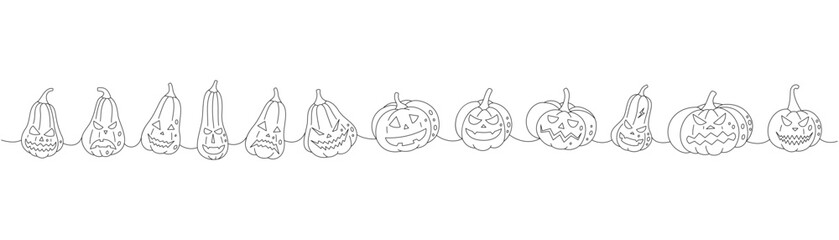 Pumpkins faces set. Pumpkins with scary faces one line continuous drawing. Autumn halloween vegetables continuous one line illustration.