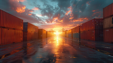 Global Logistics, Shipping containers at sunrise, Trade Expansion - obrazy, fototapety, plakaty