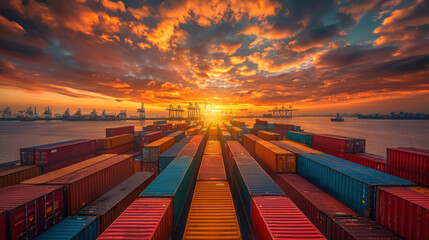 Global Logistics, Shipping containers at sunrise, Trade Expansion - obrazy, fototapety, plakaty