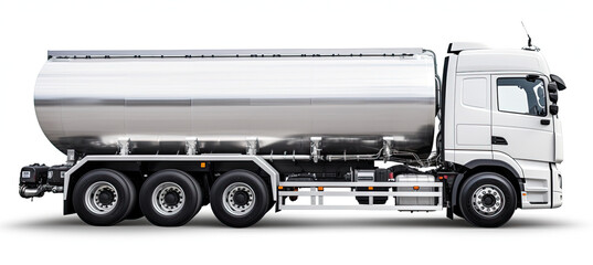 A large chrome fuel tanker truck Isolated on white background