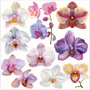 Clip art illustration with various types of orchid 
on a white background.