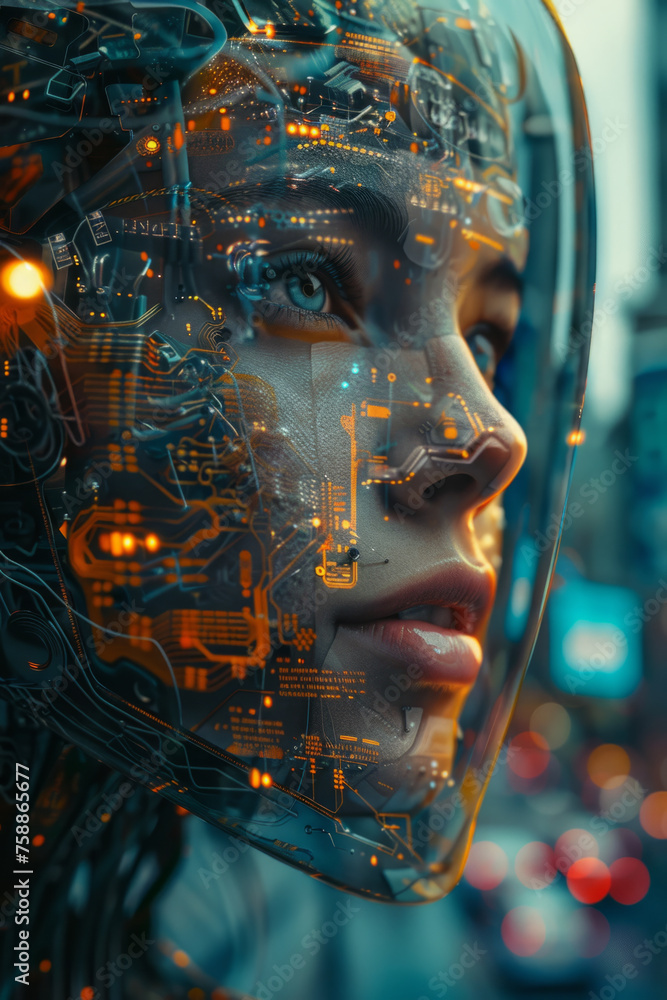 Poster a close-up portrait of a female android with a transparent face showcasing intricate circuitry and g